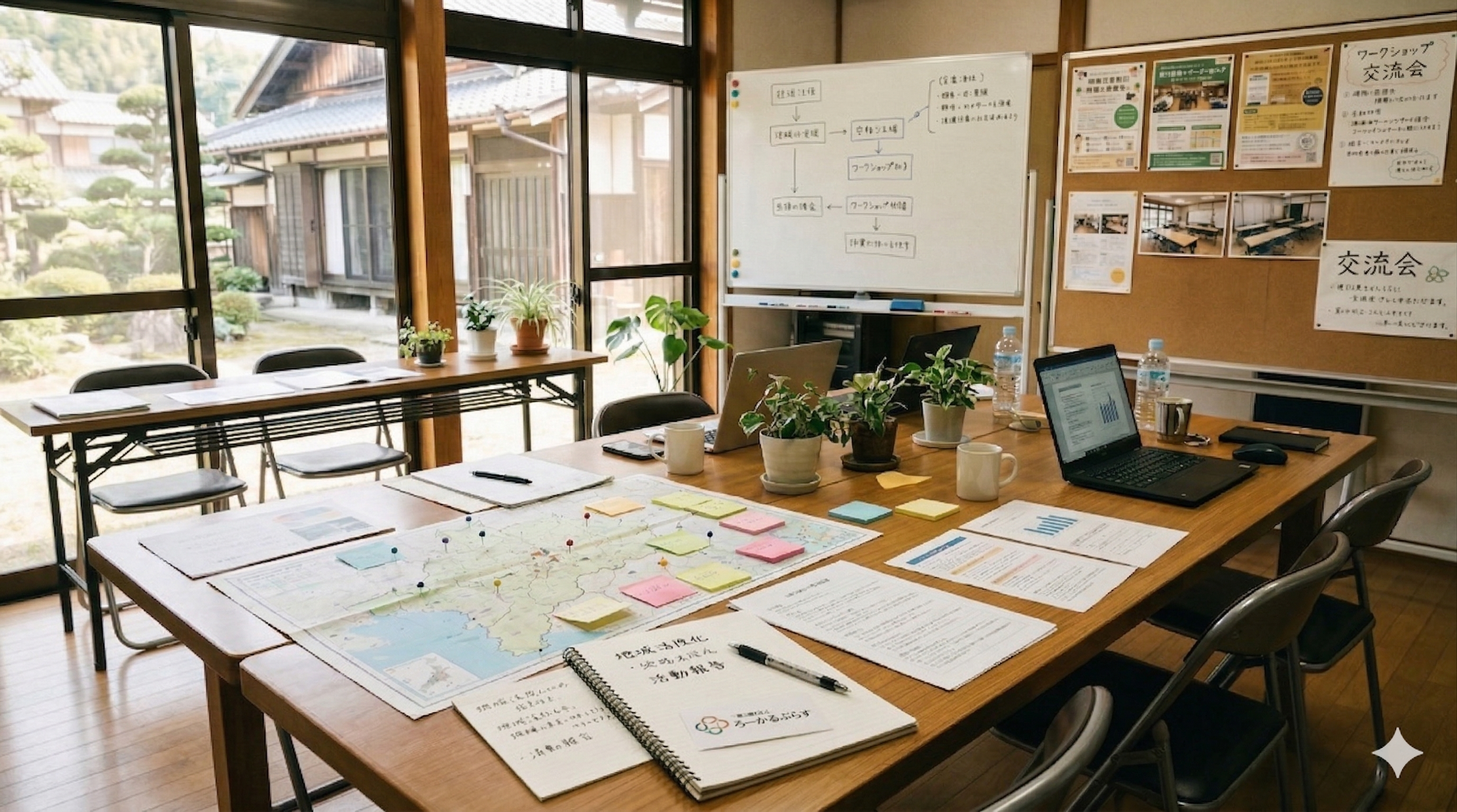 地域の会議室で資料を囲みながら議論する様子