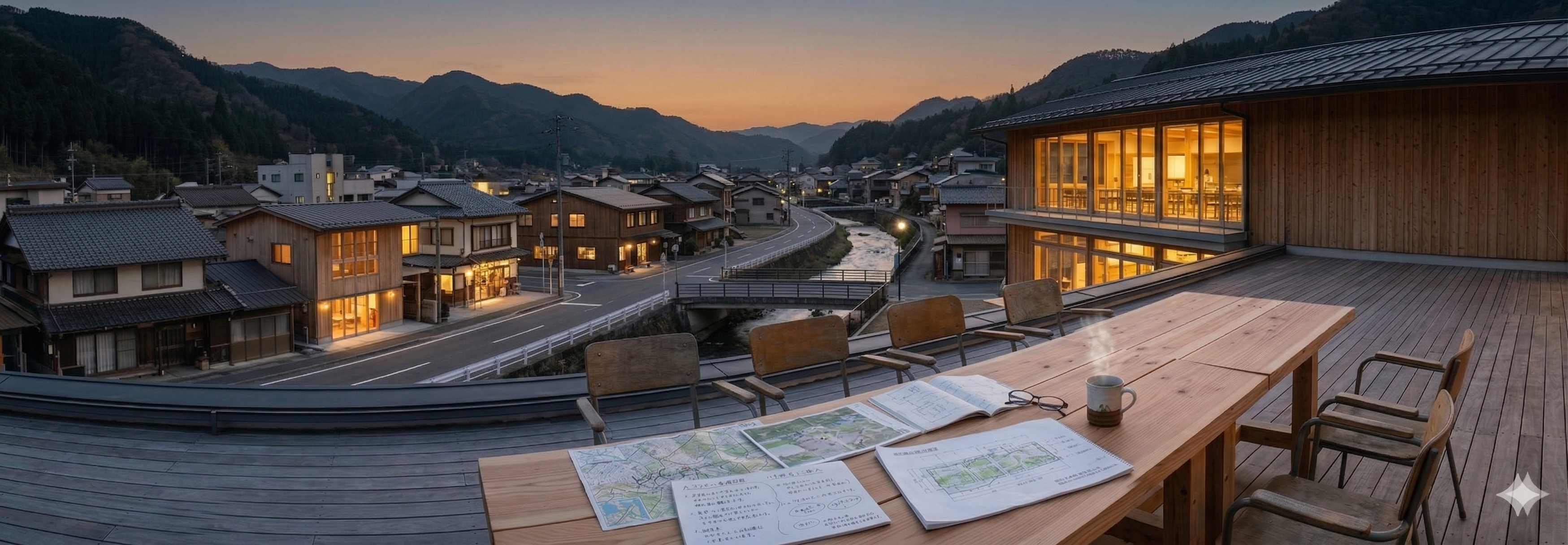 夜景の地域風景とテーブル上の資料が見えるキービジュアル